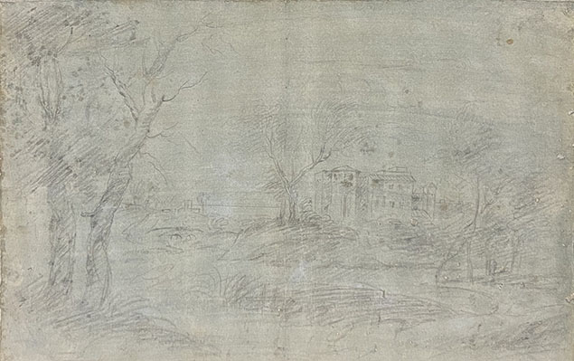 LANDSCAPE WITH A SMALL RIVER, TREES AND BUILDINGS