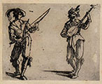 TWO MUSICIANS; ONE AT LEFT IS STANDING AND PLAYS A MUSICAL BOW, THE OTHER AT RIGHT PLAYS A THEORBO