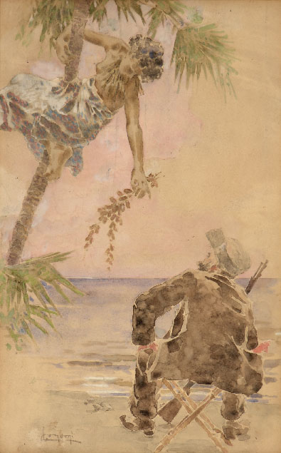 THE ORIGINAL WATERCOLOUR FOR THE COVER OF PORT-TARASCON, BY ALPHONSE DAUDET, PUBLISHED IN PARIS, 1890