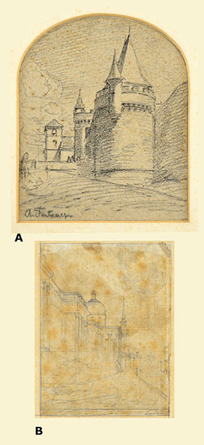 A PAIR OF DRAWINGS: A) SWISS CASTLES B) THE ENTRANCE OF THE NATIONAL GALLERY IN LONDON
