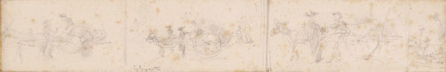 THREE SKETCHES OF A DONKEY CART WITH PEOPLE