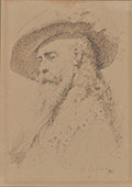 BEARDED MAN WITH LARGE HAT, IN PROFILE TO THE LEFT