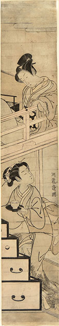 A YOUNG MAN ON AN ENGAWA WATCHES A GIRL TAKING UP A CUP OF TEA