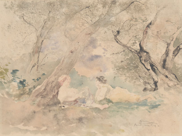 TWO YOUNG PEASANTS REST AMONG THE OLIVE TREES