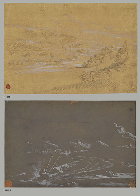 HILLY LANDSCAPE WITH VILLAGE AND BRIDGE (recto) STORM IN A BAY (verso)