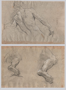 A PAIR OF DRAWINGS: A) STUDY OF A VIRILE FIGURE SEEN FROM THE BACK B) DOUBLE STUDY OF A MALE RIGHT LEG